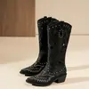 2026 Novas Botas Western Cowboy Vazadas da Moda para Mulheres, Marrons de Cano Alto Bico Fino Salto Bloco Altas até o Joelho