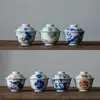 Azul antiguo y blanco esmaltado tapa roja Tazón cerámica kung fu juego de té hogar individual grande vintage tazón de té con tapa taza de té