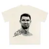 Camiseta masculina de manga curta pesada com estampa de rua americana C Luo, tendência retrô lavada e desgastada transfronteiriça, tendência de algodão puro com gola pequena