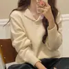 Estilo elegante, polo de punto 100% lana para mujer, corte holgado, versátil, suéter de manga larga como capa base