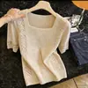 Top de Punto Cuadrado Retro de Manga Corta para Mujer, Nuevo Diseño de Verano 2026, Blusa Única Calada Adelgazante y Hermosa