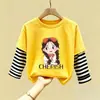 Nova Camiseta de Algodão Puro Patchwork com Gola Redonda e Manga Longa para Crianças, Estilo Fino, Primavera e Outono 2026, Meninas, Desenho Animado, Top Versátil