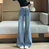 Foto real jeans azul americano wide leg feminino outono cintura alta slim solto estilo preguiçoso calças retas compridas até o chão