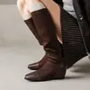 Hace que las piernas se vean súper largas, súper guapas~ Punta redonda, cuña interior de retazos 4.5cm, bota calcetín, bota elástica ajustada, bota elegante y versátil