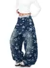 Jeans largos de pierna ancha, estilo retro americano transfronterizo, estampados de estrellas, acampanados, modernos, unisex, línea A, adelgazantes, holgados