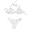 Nuevo bikini retro europeo y americano con estampado de chica hot, estilo vacacional para piscina, sexy estampado cruzado, sin tirantes, color liso, tres piezas