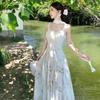 Vestido Blanco de Chifón Floral con Tirantes Estilo Vacacional Romántico Francés para Mujer Verano Cintura Adelgazante Súper Hada Elegante Falda Larga