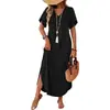 Vestido de Manga Curta Amazon Transfronteiriço Decote V Vestido de Verão Estilo Novo Casual Vestido de Praia com Fendas Laterais
