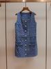 Vestido de Verão Feminino de Alta Qualidade de Shenzhen com Gola Quadrada, Padrão de Diamante, Bordado de Laço e Vestido Jeans para Mulheres