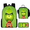 Mochila Escolar Infantil Monstruo de Pelo Verde Grinch Mochila para Estudiante de Primaria Bolsa de Comida Estuche para Lápices Mochila de Tres Piezas Venta al por Mayor Transfronteriza