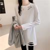 3071 # Camiseta de Manga Comprida para Mulheres Algodão Puro (Tiro real) (100% Algodão com Furos)