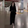 Outono Preto Elegante Temperamento Estilo Elegante Vestido Gola V High-end Francês Cintura Alta Fenda Saia Longa Mulheres Transfronteiriço