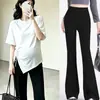 Conjunto de duas peças de moda gestante estilo coreano para o verão, camiseta de cor sólida irregular com cordão, calça flare de cintura alta plus size que cobre a barriga e emagrece