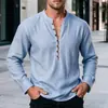 2026 Nueva Camisa Casual Transfronteriza para Hombre con Cuello Mao, Manga Larga Henley, Múltiples Botones, Media Abierta, Camisa Henley Vintage