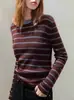 Suéter de Punto con Bloques de Color Rayas Retro Cuello Redondo para Mujer, Hilo Retorcido de Color, Versátil, Manga Larga, Capa Base Otoño Invierno