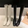 Primer Encuentro con Exquisita Dama Pequeña~Estilo Coreano Elegante Punta Cuadrada Hueco Tacón Grueso Cremallera Lateral Talla Grande Hasta la Rodilla Blanco