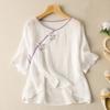 Verano Nuevo Estilo Étnico Solapa Inclinada Hebilla Bordado Manga Corta Algodón y Lino Camisa para Mujer Estilo Chino Retro Camisa Top Cárdigan