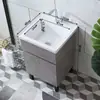 Armário de Lavanderia para Varanda Apartamento Pequeno De Chão Madeira Maciça com Tábua de Lavar Calha de Lavanderia Simples Pia de Cerâmica para Lavanderia Gabinete de Lavatório