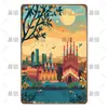 Placa de Lata Decorativa Cênica de Viagem Global Retrô Transfronteiriça, Placas de Metal de Marcos de Vários Países e Paisagens Arquitetônicas Antigas