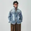 Chaqueta de Mezclilla Lavada Resistente Estilo Retro Americano Desgastada con Flecos y Borde Crudo para Hombres y Mujeres Tendencia Casual Abrigo de Pareja Top