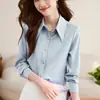 Foto real 25 outono novo camisa de cetim de manga comprida feminina para trabalho OL casual simples camisa brilhante camisa de chiffon