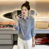 Camisa larga de rayas verticales azules para mujer, nuevo estilo de otoño, petite, holgada, adelgazante, adecuada para ir al trabajo, top profesional y elegante