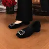 Sapatos de Trabalho Femininos Slip-On de Salto Baixo com Solado Macio e Fivela Quadrada de Strass Preto Estilo Moda Coreana Tamanho 35-41