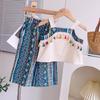 Verano nuevo niñas encaje bordado cuello cuadrado camisa de muñeca capullo de flor falda corta conjunto de dos piezas traje TX1185