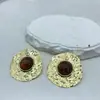 Pendientes de Alta Gama He Ming Estilo Barroco Retro Patrón Geométrico Incrustado con Ojo de Gato Redondo Plisado Aguja de Plata S925 para Mujer