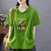 Camiseta de Algodón de Manga Corta para Mujer 2025 Verano Nueva con Capucha Delgada Moda Estampada Estilo Coreano Suelta Moderna Top Corto