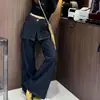 Jeans Wide-Leg Patchwork Estilo Retrô Americano Plus Size para Mulheres, Calça de Outono de Cintura Alta Emagrecedora de Perna Reta Comprimento Total
