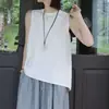 Uma Brisa de Ar Fresco Camiseta Regata de Linho Sem Mangas para Mulheres, Caimento Solto, Escondendo, Gola Redonda, Barra com Fenda, Top Regata Estiloso para Usar por Cima
