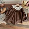 Cal Lime Coréia do Sul Infantil Outono Novo Conjunto Menina Vintage Crochê Tricô Cardigan Vestido Floral Conjunto de Duas Peças