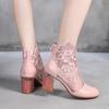 Sapatos de malha de primavera com flores bordadas, couro, bico redondo, salto alto, sandálias de malha grossa, renda, couro de vaca, tamanho pequeno, sapatos femininos