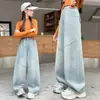 Calça Jeans Feminina Estilo Primavera e Outono Tendência Versão Coreana Calça Wide-Leg de Primavera para Meninas Mais Velhas Solta Versátil Calça Infantil de Primavera
