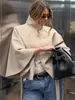 Capa de Murciélago Casual Abrigo de Lana para Mujer, Retro Francés Cuello Alto, Corte Holgado con Efecto de Caída, Capa Corta para Atar