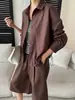 Conjunto de Chaqueta Camisa con Dobladillo de Cordón y Pantalones de Largo Medio con Cintura Elástica de Lino Tencel Colección Otoño Nuevo Sisann SN9349