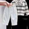 Conjunto de Primavera y Otoño Estilo Coreano para Niños 2026 Estilo Academia Rayas Little Pony Bordado Suéter Cuello Polo Pantalones Casuales para Niños Moderno