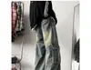 Jeans Cargo de Pierna Ancha para Hombre Verano Tendencia Marca Bolsillo Grande Pantalones Sueltos Lavado Retro High Street Pantalones Largos
