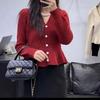 Top elegante versátil de moda para mujer con cuello en V de otoño, adelgazante de cintura, dobladillo francés con volantes, suéter de manga abullonada