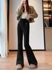 Foto Real de Pantalones Acampanados con Cordón y Botón para Mujer en Otoño e Invierno Nuevo Estilo de Cintura Alta Adelgazantes Suaves tipo Cera Estilo Perezoso Casual de Punto de Pierna Ancha