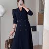 Primavera elegante francês terno colarinho de peito duplo rendado cintura cor sólida casaco longo casaco casaco feminino