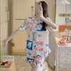 Pijama Nuevo de Fábrica para Mujer Verano Cardigan con Solapa Manga Corta Shorts Seda de Leche Lindo Dibujo Animado Conjunto para Estar en Casa
