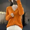 Cárdigan de punto sin costuras de una pieza para otoño e invierno, cuello en V, 100% lana tejida, color liso, chaqueta superior de estilo coreano simple para mujer