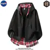 Sudadera con capucha de retazos a cuadros de alta calidad marca NASA para hombre, sudadera con cremallera de dos piezas falsas, marca americana moderna, chaqueta con cremallera