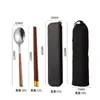 Conjunto de Talheres Coreanos de Aço Inoxidável com Três Peças, Incluindo Hashi de Madeira, Colher e Garfo para Estudantes, Talheres Portáteis para Uso Externo