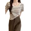Camiseta de Manga Corta a Rayas Patchwork Versátil Estilo Puro Deseo Nuevo Estilo Verano 2026 para Mujeres Petites Ajuste Delgado Top Corto