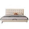 Cama de armazenamento estilo francês vintage com padrão de waffle para quarto principal, cama de couro estilo mid-century de luxo leve italiano, cama de casamento para quarto