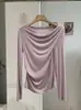 KEKEZOON Lyocell Tencel de un solo hombro con drapeado y manga larga, ultra suave, color liso, camiseta base para mujer 8664