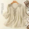 Exportar camisa de algodão-linho vintage 2026 com bordado, novo estilo de verão, blusa artística de corte solto, top, roxo